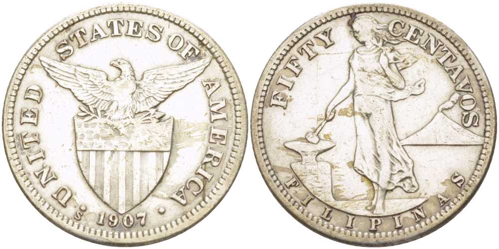 Филиппины 50 сентаво 1907 S  KM 171 серебро 00-00