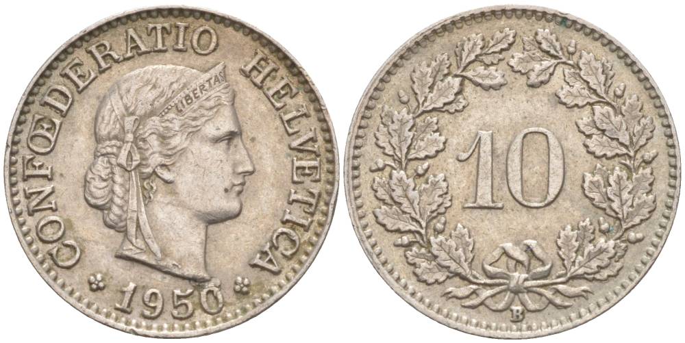 ШВЕЙЦАРИЯ 10 РАППЕНОВ 1950 В KM 27 медно-никель 55-231