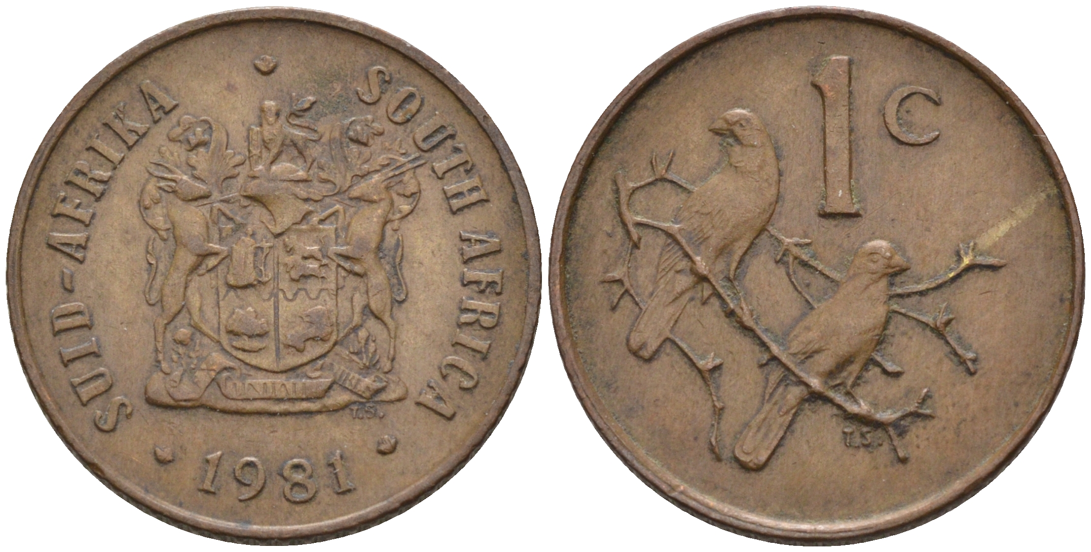 ЮАР 1 ЦЕНТ 1981 ГЕРБ, КАПСКИЕ ВОРОБЬИ KM 82 бронза 4588-1262