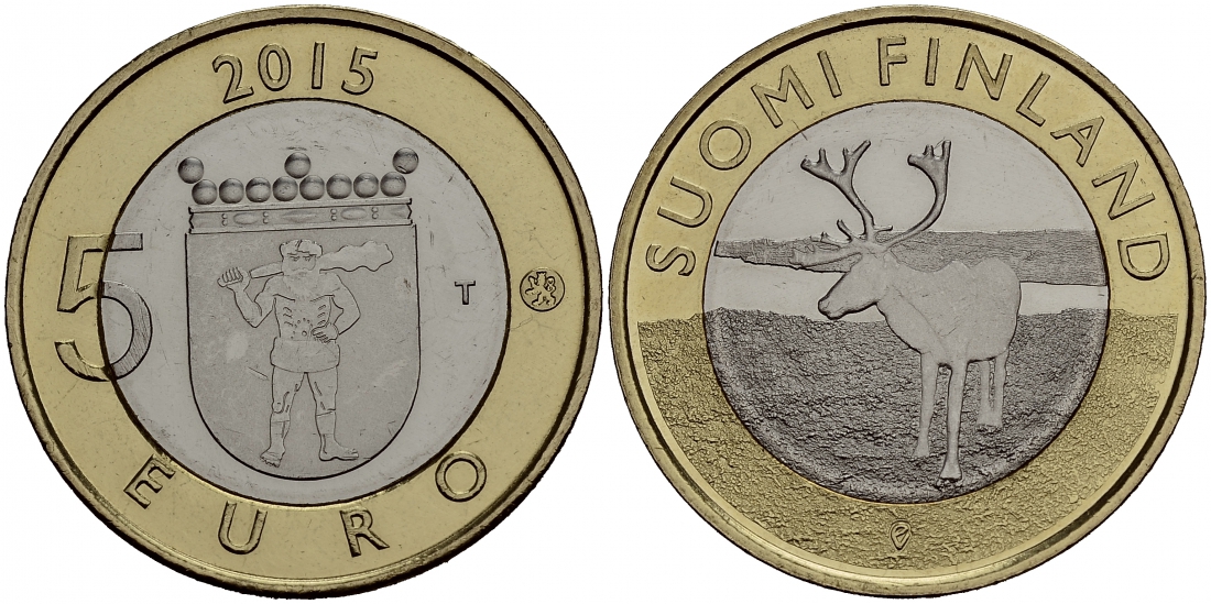 Финляндия 5 евро 2015 животный мир регионов Финляндии, Лапландия, северный олень KM 224 биметалл UNC M16-20