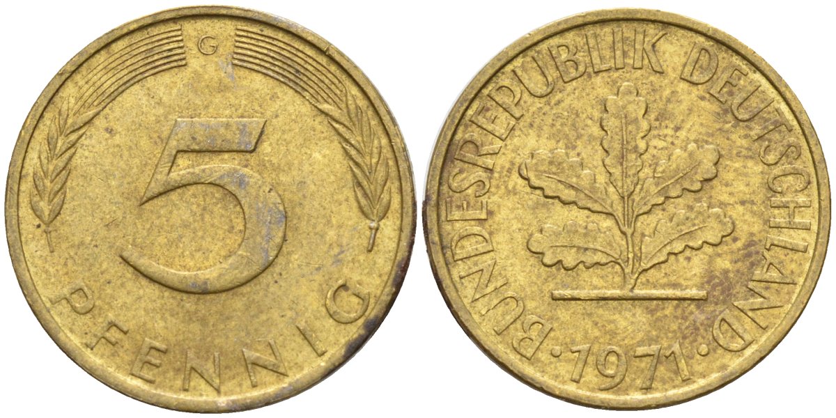 ФРГ 5 пфеннигов 1971 G KM 107, J.382 сталь плакированная латунью 4174-751
