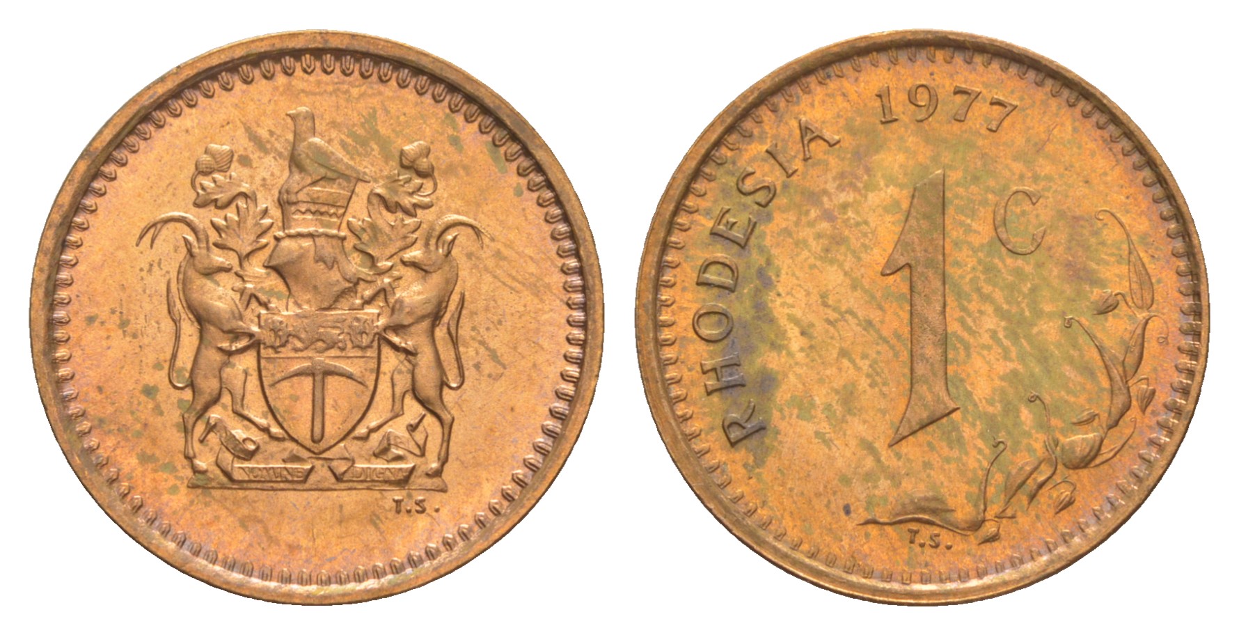 Родезия 1 цент 1977  KM 10 бронза  aUNC  4641-215