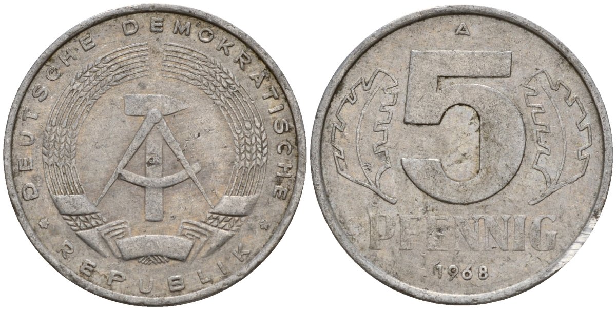 ГДР 5 пфеннигов 1968 A KM 9.1 алюминий 211-955