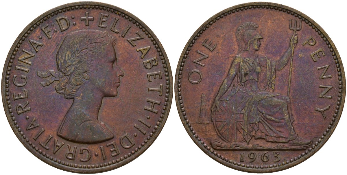 Великобритания 1 пенни 1963 Елизавета II (1952-2022) КМ 897, Spink 4157 бронза 4157-211