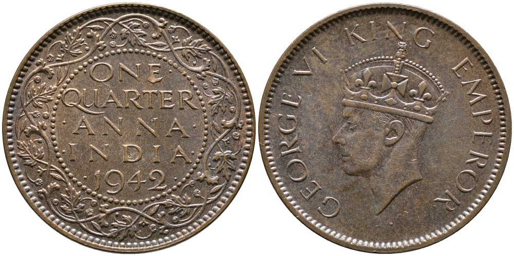 Британская Индия 1/4 анна 1942 Георг VI (1937-1952) KM 531 бронза aUNC 4110-423