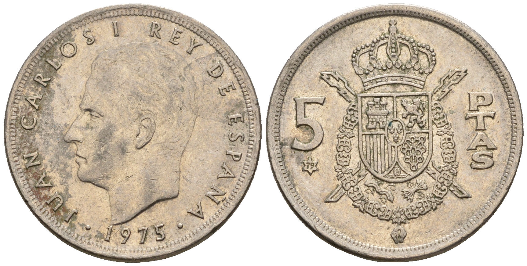 Испания 5 песет 1975 (79) Хуан Карлос I (1975-2014) KM 807 медно-никель 259-155