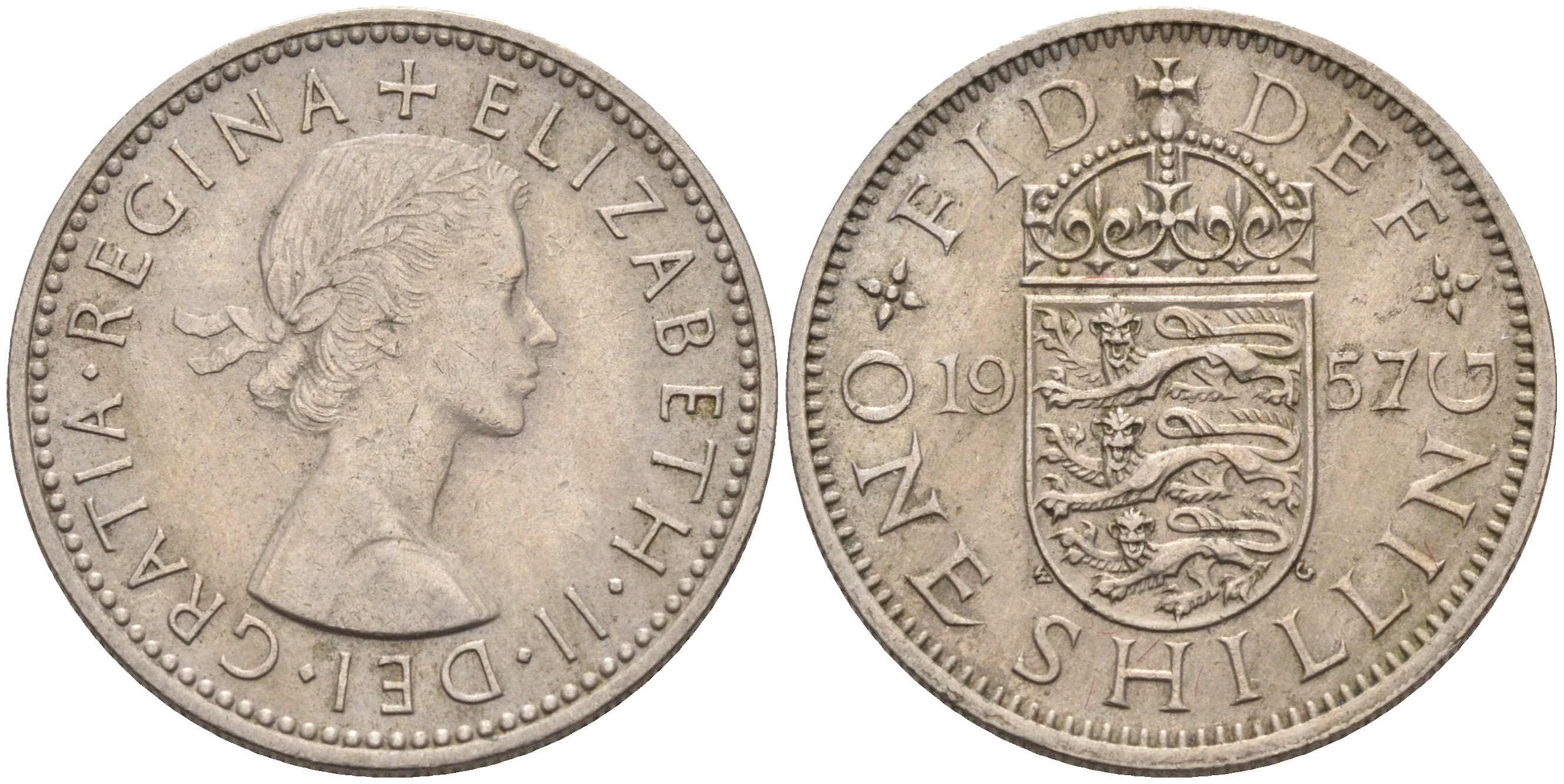 Великобритания 1 шиллинг 1957 Елизавета II (1952-2022), Английский герб KM 904, Spink 4147 медно-никель    4595-844