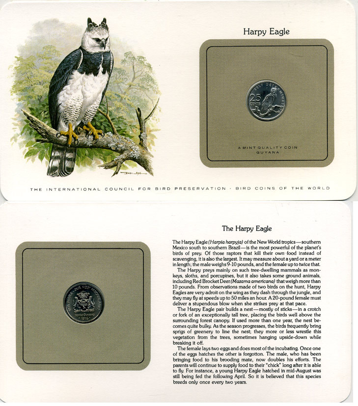 ГАЙАНА 25 ЦЕНТОВ 1976 СЕРИЯ МОНЕТЫ МИРА С ИЗОБРАЖЕНИЕМ ПТИЦ, В ОРИГИНАЛЬНОМ БУКЛЕТЕ С ОПИСАНИЕМ KM 40 медно-никель UNC 5121-27