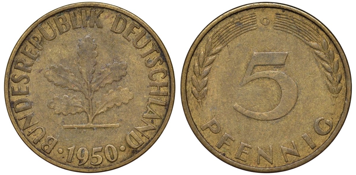 ФРГ 5 пфеннигов 1950 G KM 107, J.382 сталь плакированная латунью 4174-517