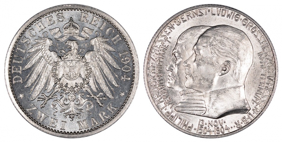 Гессен 2 марки 1904 400 лет со дня рождения Филиппа I Великодушного Weege 74, J. 74, KM 372 серебро aUNC 00-816-54