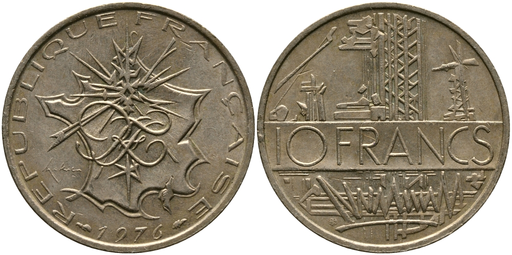Франция 10 франков 1976 тип Матье KM 940, Le Franc 365.7-8 никель латунь 97-642