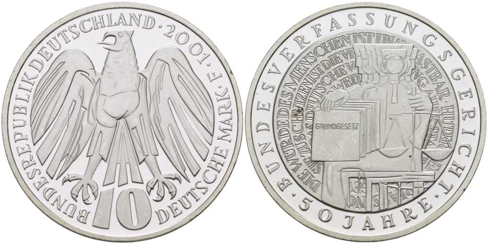 ФРГ 10 марок 2001 F, 50 лет Федерального Конституционного суда Германии KM 206 серебро PROOF 1076-8-13