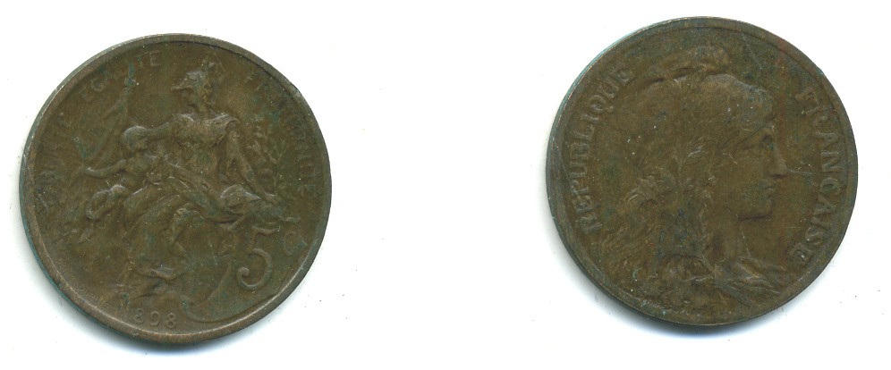ФРАНЦИЯ 5 САНТИМОВ 1898 ТИП ДАНИЭЛЬ ДЮПЮИ KM 842, LE FRANC 119.5 бронза 84-537