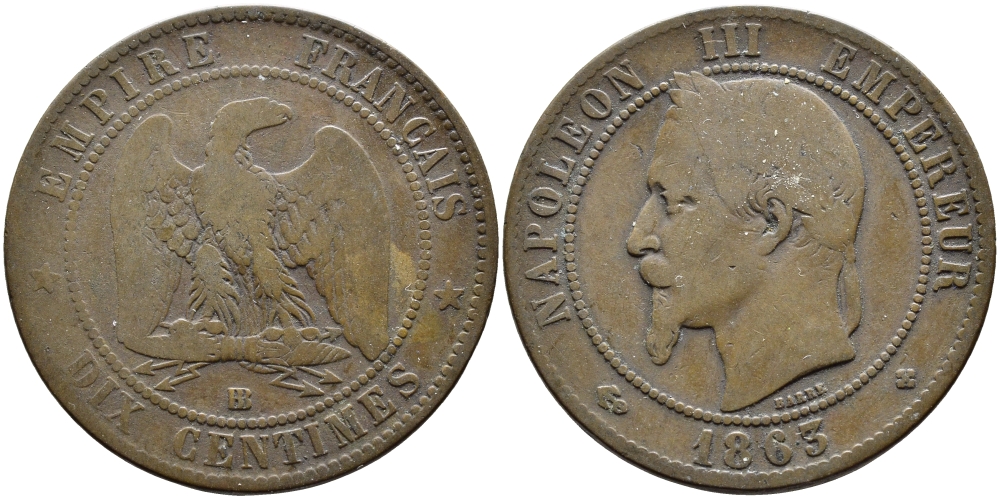 ФРАНЦИЯ 10 САНТИМОВ 1863 BB, НАПОЛЕОН III (1852-1870) KM 798.2, LA FRANC 134.9 бронза 4389-1026