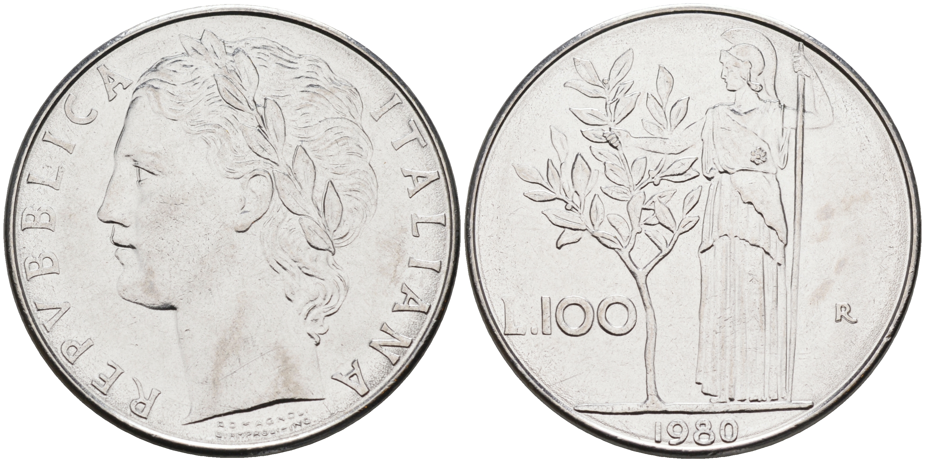 Италия 100 лир 1980 R, Афина KM 96.1 нержавеющая сталь 4117-342