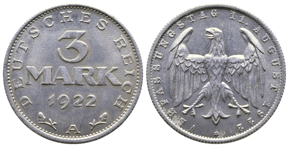 Германия 3 марки 1922 А, третья годовщина Веймарской Конституции KM 29, J. 303 алюминий 4380-741