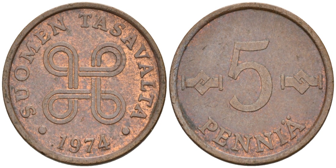 ФИНЛЯНДИЯ 5 ПЕННИ 1974 KM 45 медь 4549-1127