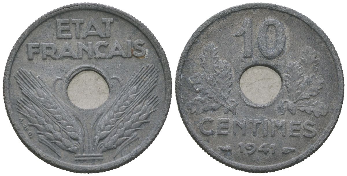 Франция 10 сантимов 1941 KM 898.1, Le Franc 141/2 цинк 4584-954