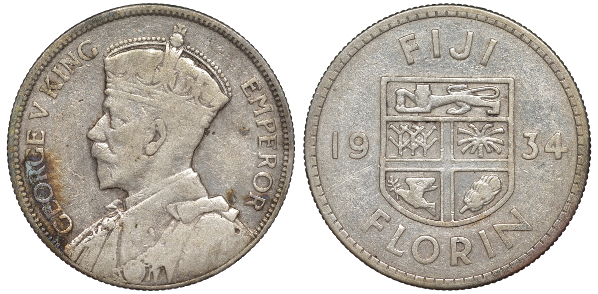 Фиджи 1 флорин 1934 Георг V (1910-1936), герб Фиджи KM 5 серебро 91-1234