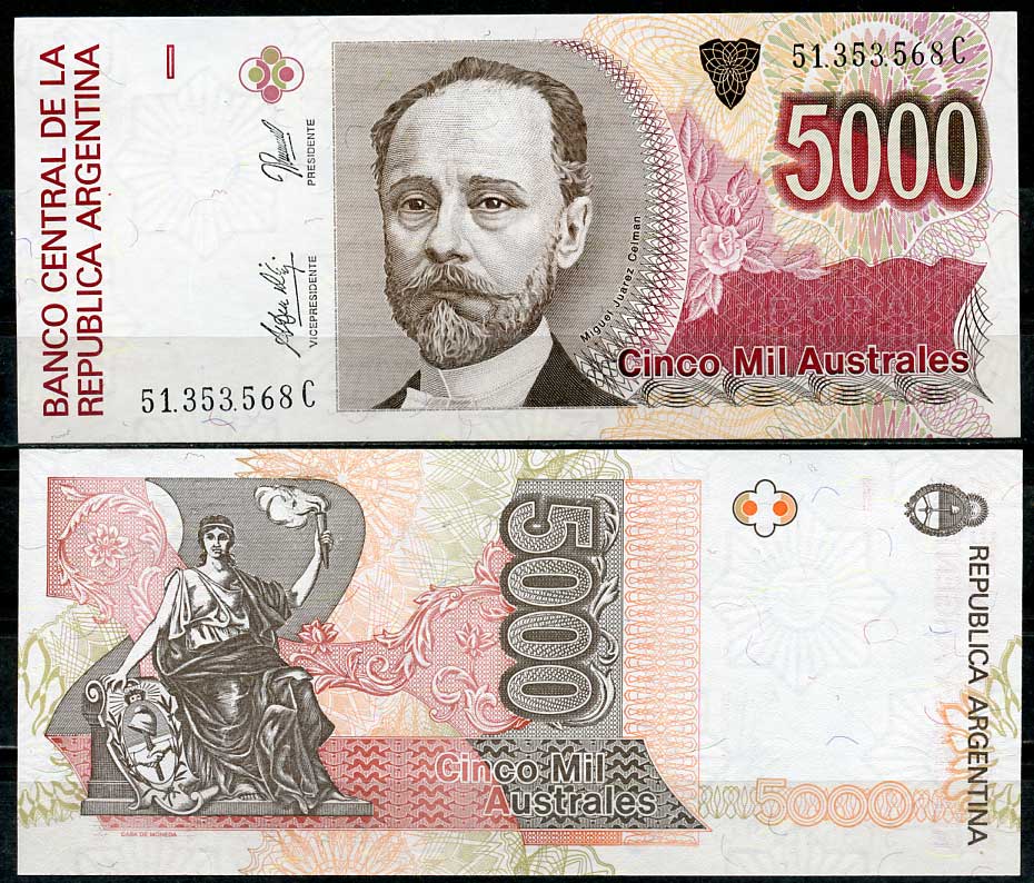 Аргентина 5000 аустралей ND (1989-1990) Мигель Хуарес Сельман, статуя прогресса, серия C Pick 330 (5)  бумага  UNC (пресс) 447-43-3