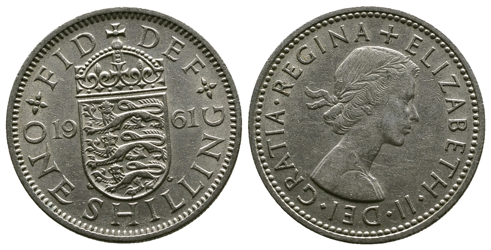 Великобритания 1 шиллинг 1961 Елизавета II (1952-2022), Английский герб KM 904, Spink 4147 медно-никель 4384-425