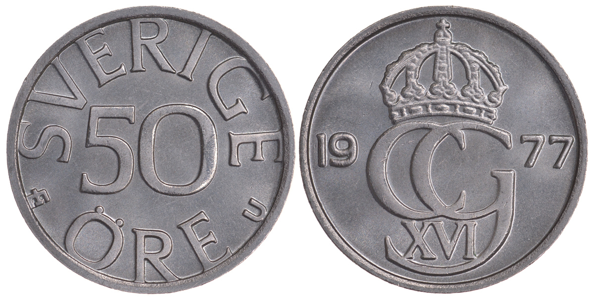 Швеция 50 эре 1977 U Карл XVI Густав (1973- ) KM 855 медно-никель UNC 72-431
