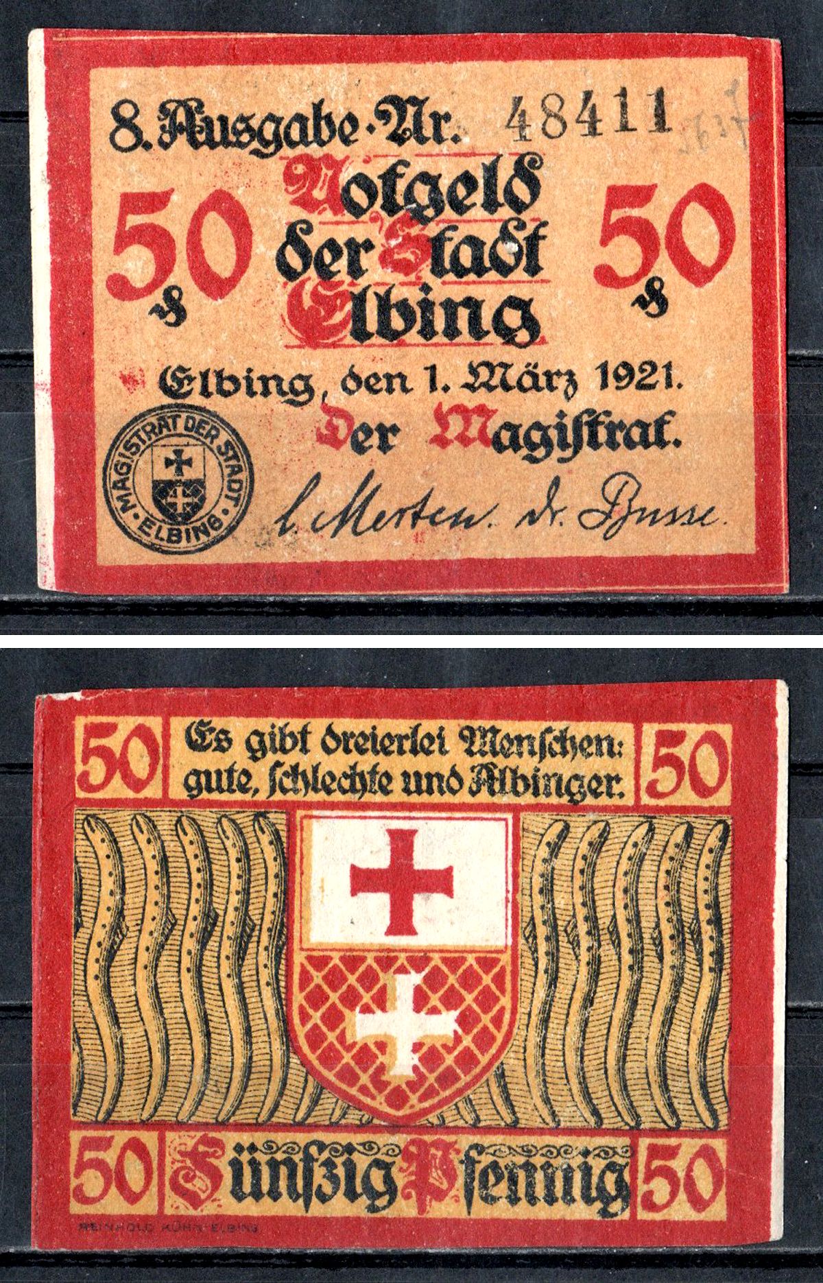 Эльбинг 50 пфеннигов 1921 Mehl Grabowski E14.6a бумага UNC (пресс) 7555-58-1-1