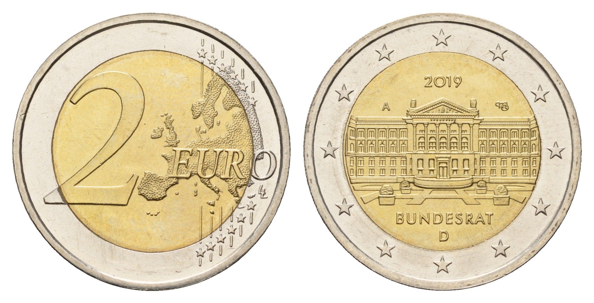 Германия 2 евро 2019 A, 70 лет Бундесрату KM 377 биметалл UNC 72-1725