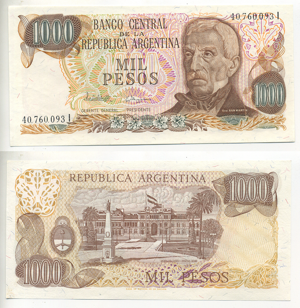 Аргентина 1000 песо 1982 серия I 40760, Генерал Сан Мартин Pick 304d бумага UNC (пресс) 7553-36-3