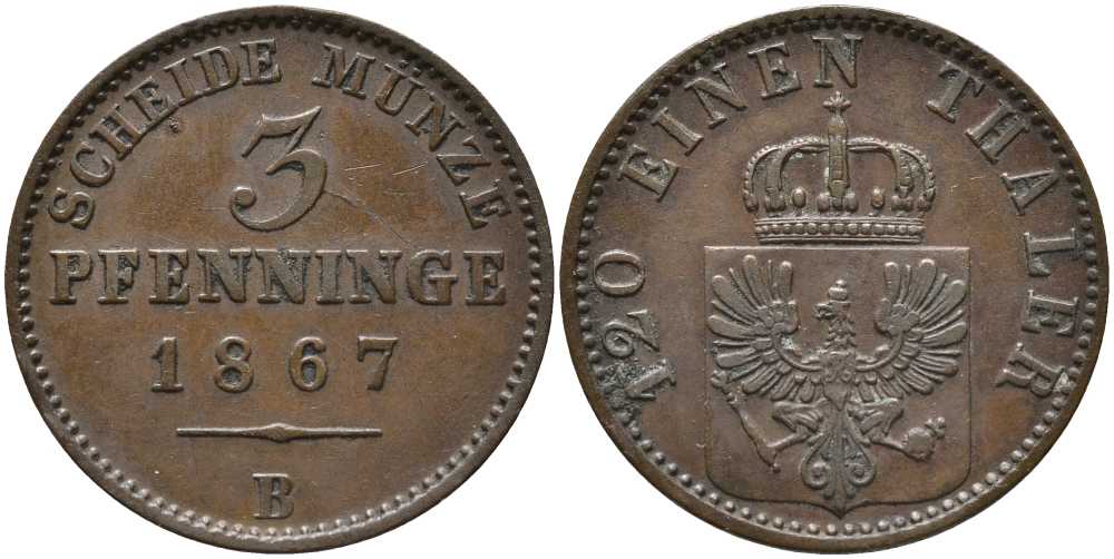 ПРУССИЯ 3 ПФЕННИГА 1867 В, ВИЛЬГЕЛЬМ I (1861-1888) KM 482 медь 4448-1135
