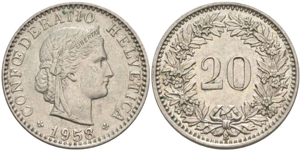 ШВЕЙЦАРИЯ 20 РАППЕНОВ 1958 В KM 29a медно-никель 55-746
