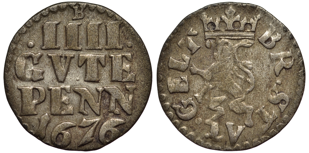 БРАУНШВЕЙГ 4 ПФЕННИГА 1676 В, ЙОХАН ГЕОРГ (1675-1685) KM 73 серебро 00-00