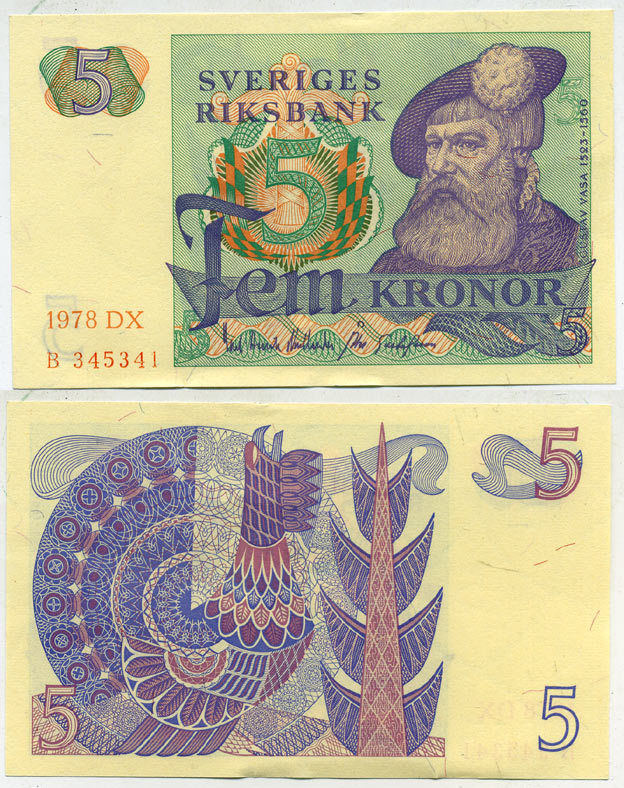 Швеция 5 крон 1978 DX, Густав I Ваза Pick 51d бумага aUNC 444-87-2
