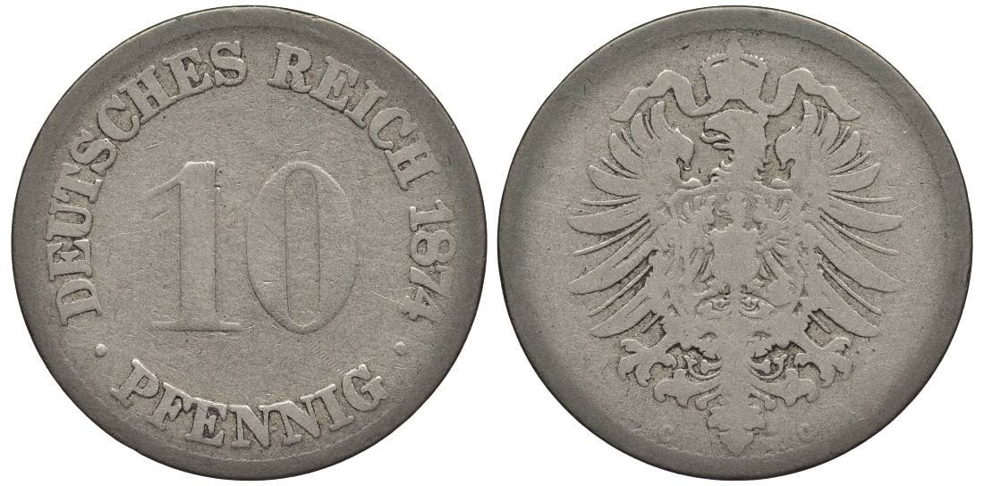 ГЕРМАНИЯ 10 ПФЕННИГОВ 1874 C, СТАРОГЕРБОВКА KM 4, Jager 4, Weege 7 медно-никель 4546-1113