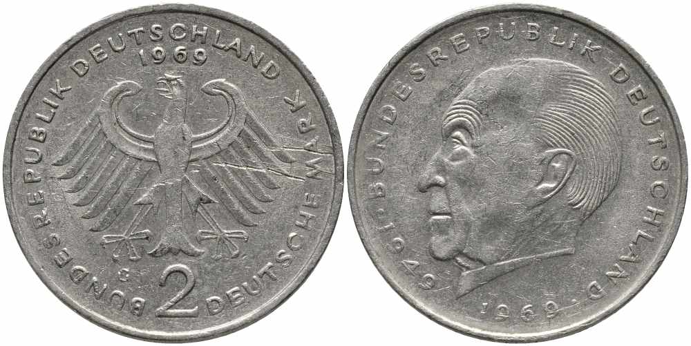 ФРГ 2 МАРКИ 1969 G, КОНРАД АДЕНАУЭР KM 124, J. 406 медно-никель плакированный никелем 113-141