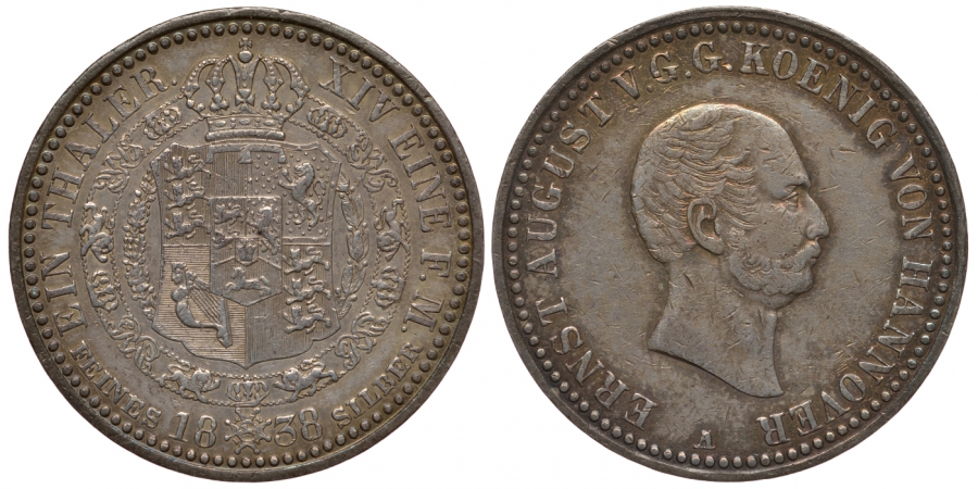 Брауншвейг-Каленберг-Ганновер 1 талер 1838 A, Эрнст Август (1837-1851) КМ 181, Jaeger 63, Kahnt 224, AKS 99 серебро 00-816-38