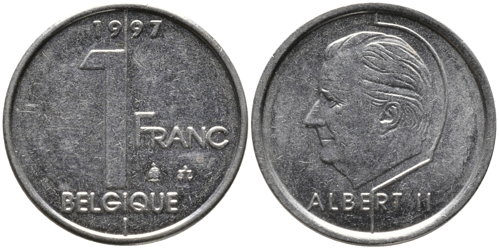 БЕЛЬГИЯ 1 ФРАНК 1997 BELGIQUE, АЛЬБЕРТ II (1993-) KM 187 железо плакированное никелем 99-1228