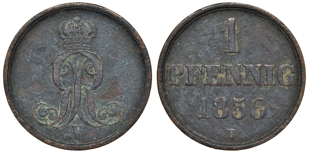 Ганновер 1 пфенниг 1856 B, Георг V KM 221, AKS 155, J. 83 медь 4594-449