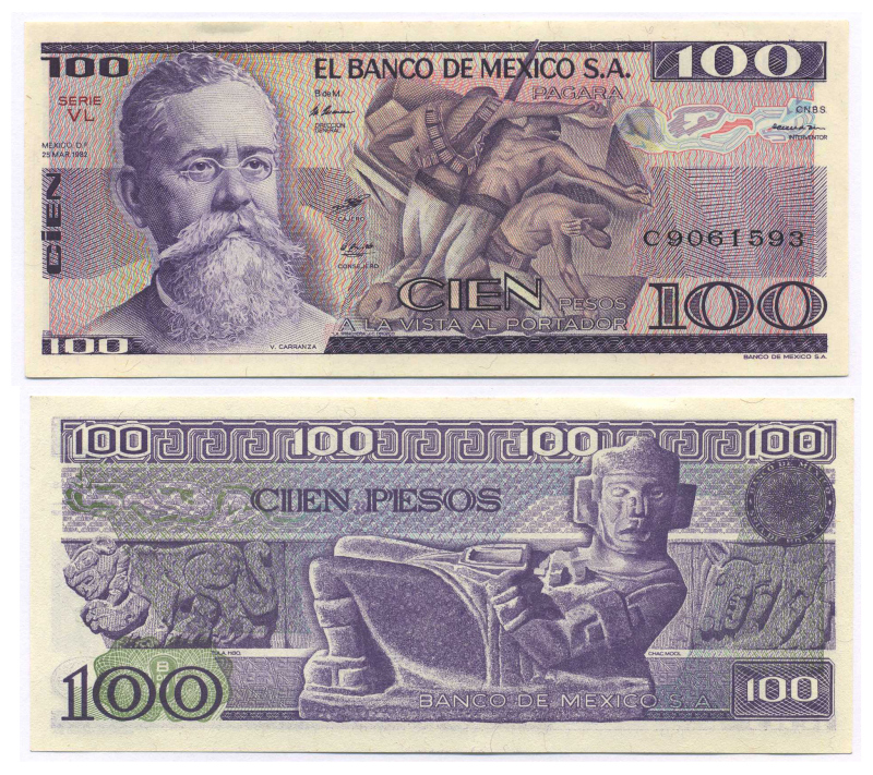 МЕКСИКА 100 ПЕСО 1982 25 МАЯ 1982, СЕРИЯ VL, ВЕННУСТИАНО КАРРАНСА Pick 74c бумага UNC (ПРЕСС) 8564-31-2-1