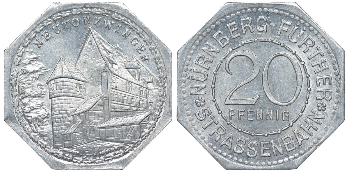 Нюрнберг 20 пфеннигов ND нотгельд Неуторцвингер алюминий 51-1046