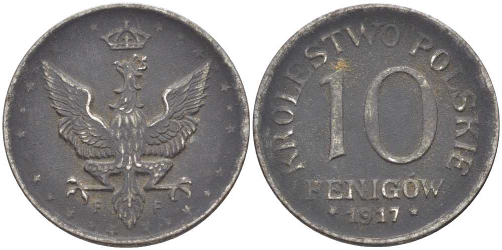 ПОЛЬША 10 ФЕНИГОВ 1917 FF. ГЕРМАНСКАЯ ОККУПАЦИЯ, ПЕРВАЯ МИРОВАЯ ВОЙНА, ЛЕГЕНДА НЕ КАСАЕТСЯ КРАЯ KM 6 железо 5010-1245