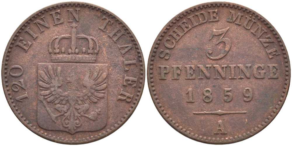 ПРУССИЯ 3 ПФЕННИГА 1859 А, ФРИДРИХ ВИЛЬГЕЛЬМ (1840-1861) KM 453 медь 117-1051