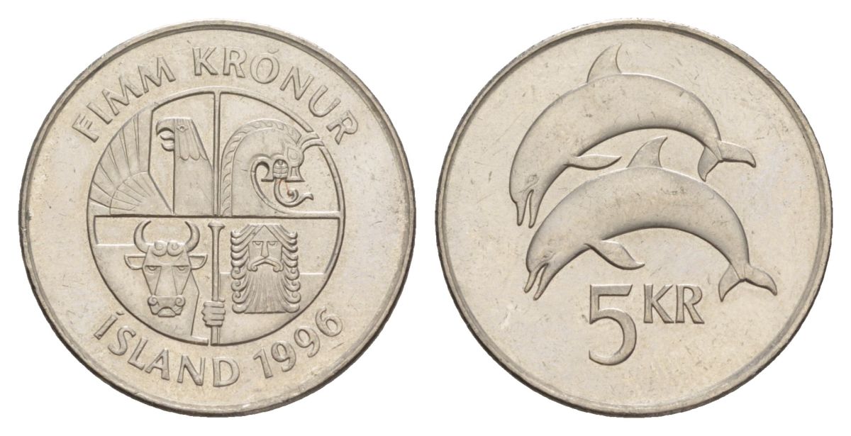 Исландия 5 крон 1996 дельфины KM 28a сталь плакированная никелем UNC 4635-132