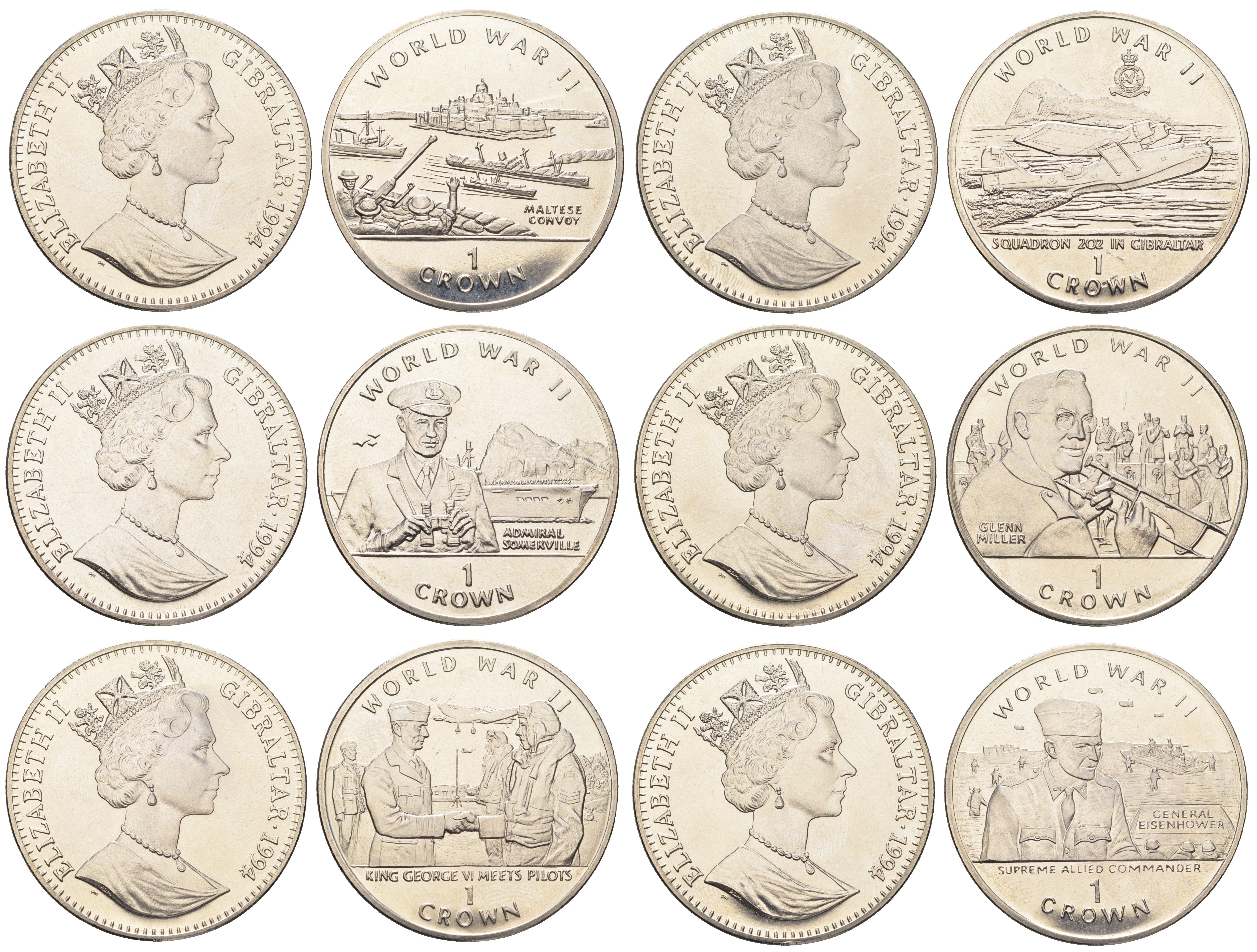 Гибралтар полный набор из 6 монет (1 крона) 1994 Вторая мировая война KM 259, 260, 261, 262, 263 и 264 медно-никель BU 1524-1731-1741