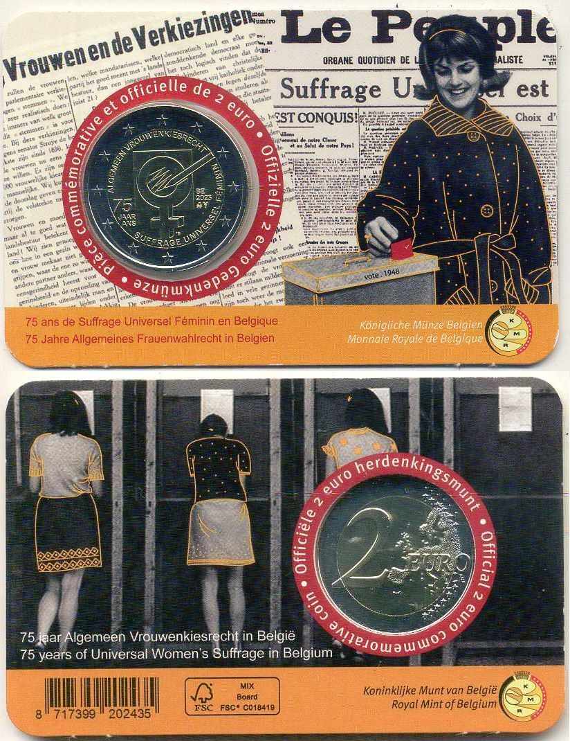 Бельгия 2 евро 2023 75 лет женского избирательного права в Бельгии, в оригинальном блистере KM 439 биметалл BU 5-6-3-24