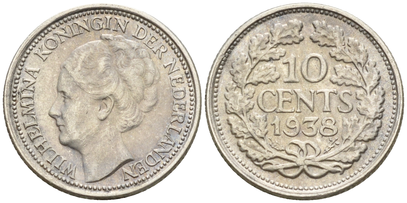 Нидерланды 10 центов 1938 Вильгельмина I (1890-1948) KM 163 серебро  4160-1241