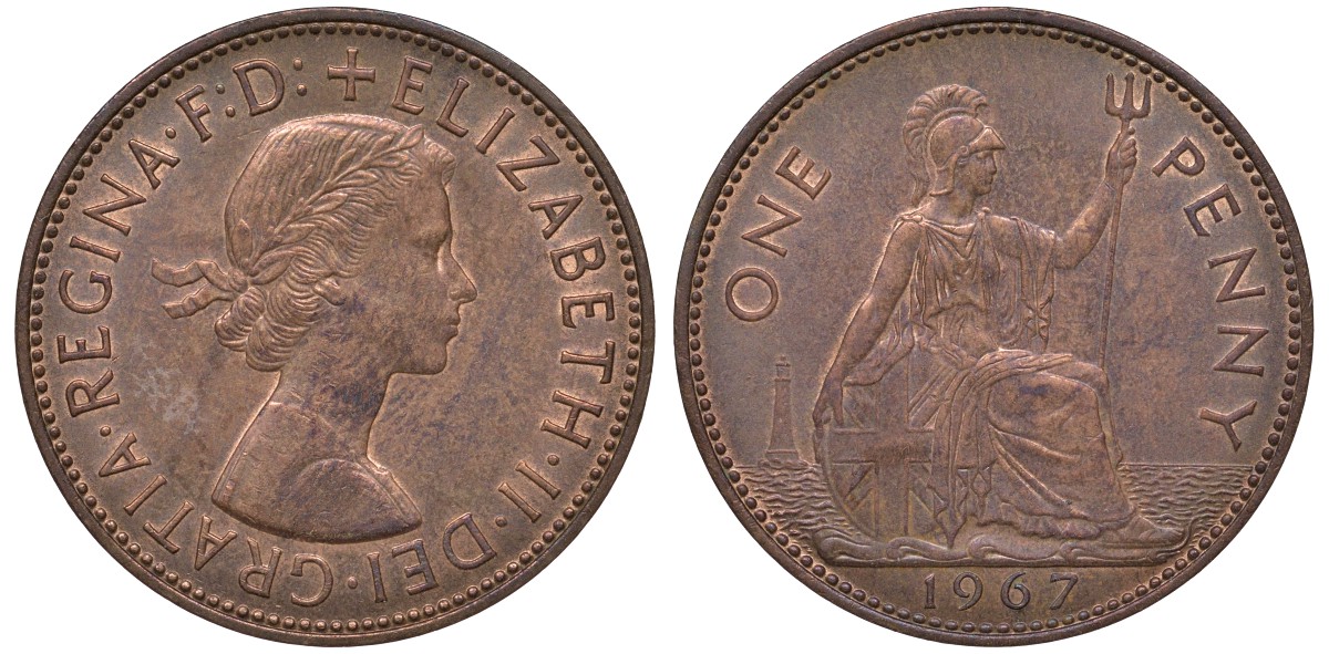 Великобритания 1 пенни 1967 Елизавета II (1952-2022) KM 897, Spink 4157 бронза 4131-515