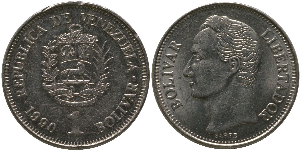 Венесуэла 1 боливар 1990 KM 52a.2 сталь плакированная никелем 4529-147