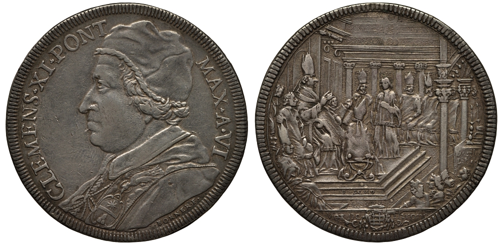 Ватикан 1 пиастр ANN VI (1705/1706) Климент XI. Папская служба в церкви Санта-Мария-Маджоре Dav. 1433, Muntoni 44 серебро 10-005-35