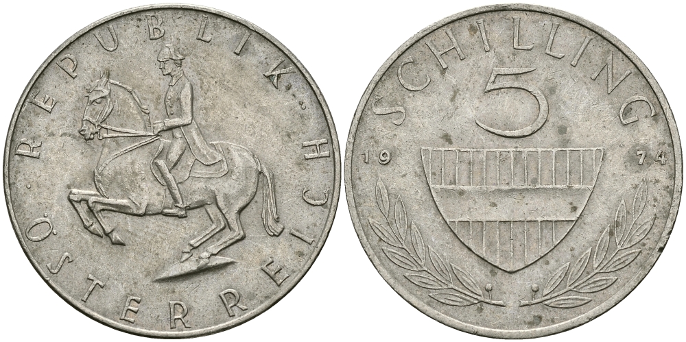 АВСТРИЯ 5 ШИЛЛИНГОВ 1974 KM 2889а медно-никель 94-524